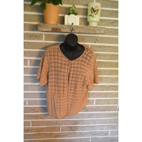 Tan brown Crochet Short sleeve cardigan boho beaded open knit XL vintage summer - Picture 2 of 8